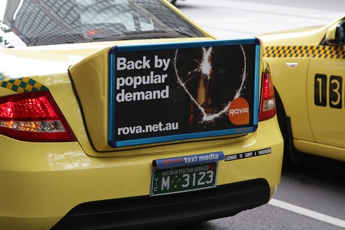 'Back by popular demand' they say? Back of taxi advertising from 'Rova Taxi Media'