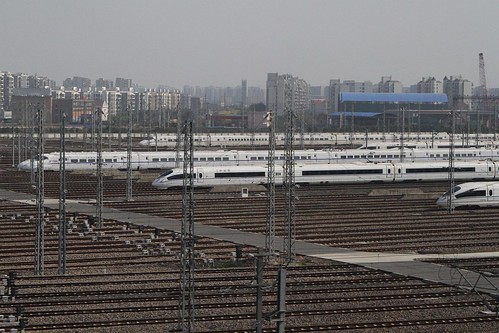 China Railways high speed trains stabled outside Shanghai Hongqiao railway station