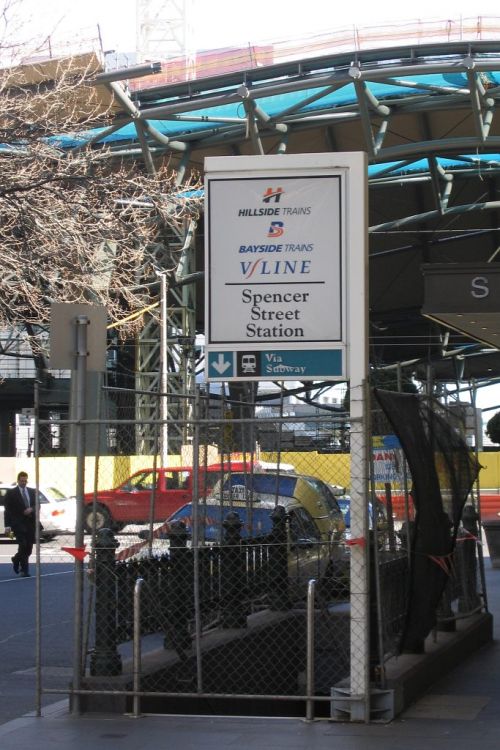 Hillside Trains / Bayside Trains / V/Line sign outside Spencer Street Station