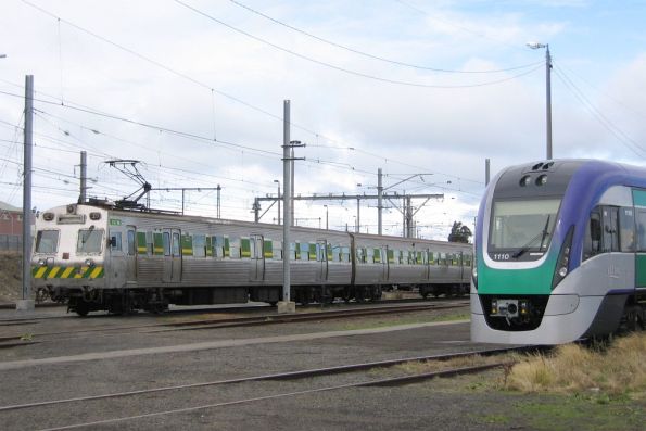 VLocity set 1110 and three car Hitachi set 197M-1981T-3M at Newport Workshops