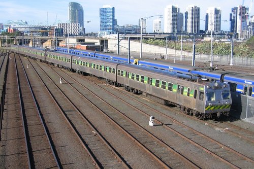 Hitachi train departs the train wash at Melbourne Yard