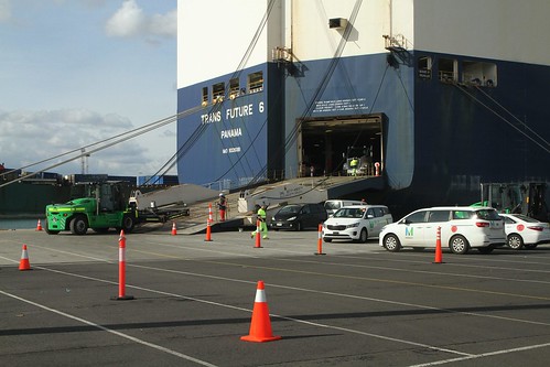 Unloading cars from 'Trans Future 6' at Webb Dock