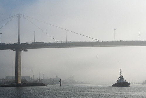 Tug heading out to sea under the West Gate Bridge