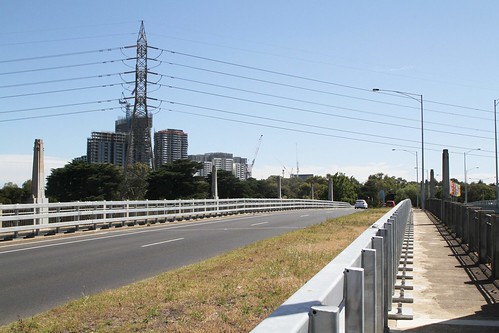 There is a grass median strip atop the bridge, but no separated bike lanes!