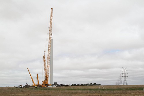 Massive crane at work erecting a wind turbine tower at the Berrybank Wind Farm