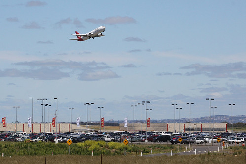 Taking off over the Avalon Airport passenger terminal and car park