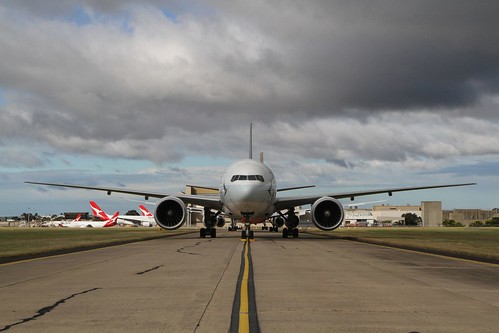 Cathay Pacific Boeing 777-300ER B-KQT parked on the taxiway on Sierra taxiway at Melbourne Airport