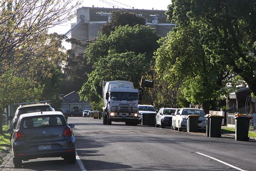 Brimbank City Council rubbish truck emptying wheelie bins off Hampshire Road, Sunshine