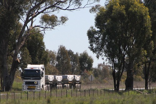 A-double semi trailer transports four precast concrete tunnel lining segments for the West Gate Tunnel along Benalla-Yarrawonga Road