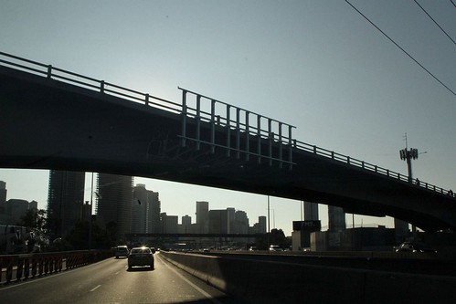 Steel frame added to the Ingles Street overpass to hold a new digital billboard over the West Gate Freeway