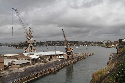 Heritage cranes beside the flooded dry dock at Cockatoo Island