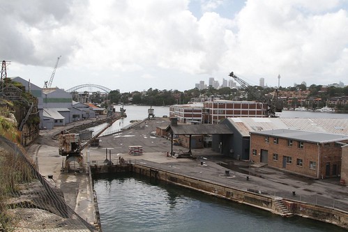 Heritage cranes beside the flooded dry dock at Cockatoo Island