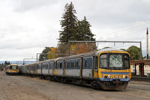 Ex-Auckland driving trailer car SD5656 among the stored carriages in the yard at Taumarunui railway station