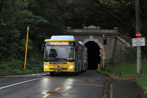 Mana Coach Services bus #7819 PDQ894 leads an AX airport express service out of the Hataitai bus tunnel in Wellington