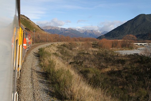 TranzAlpine headed westbound towards the Waimakariri River bridge outside Arthur's Pass