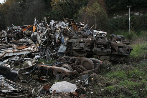 Pile of scrapped ex-Auckland suburban carriages in the yard at Taumarunui railway station