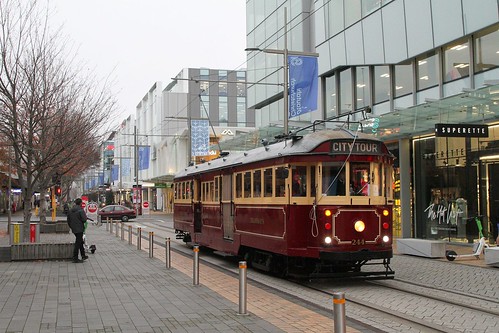 Ex-Melbourne tram W2.244 heads along Cashel Street in Christchurch