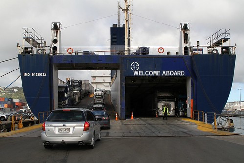 Driving onboard Bluebridge ro-ro ferry MS Strait Feronia at Wellington for the trip across the Cook Strait