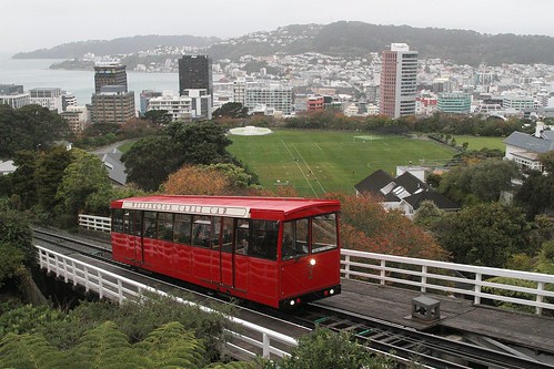 Wellington Cable Car car #2 approaches the top station on a grey and gloomy day