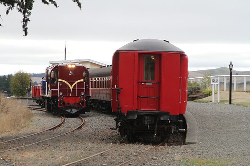 NZR locomotive DI 1102 runs around the train on the Weka Pass Railway at Waikari station