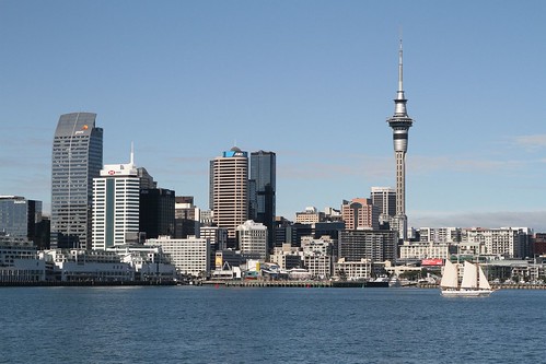 Auckland CBD skyline viewed from out on Auckland Harbour