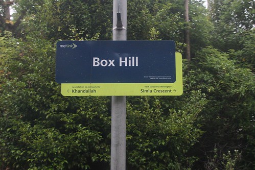 Metlink branded 'Box Hill' station sign on the Johnsonville Branch in Wellington