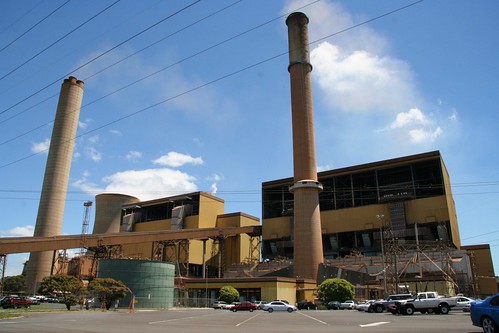 Looking up at the Yallourn Power Station chimneys