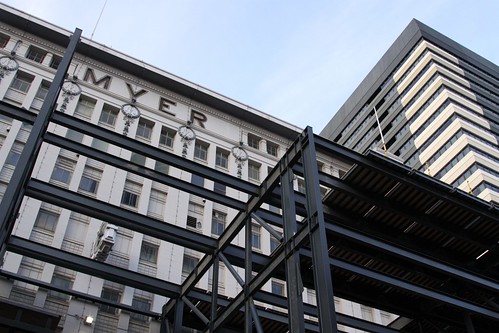 Facade of Myer's old Lonsdale Street store propped up for renovations