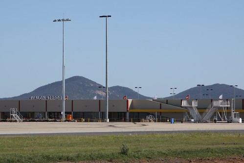 Departures terminal at Avalon Airport, airside with the You Yangs behind