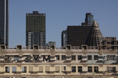 Reverse view of the 'MYERS' sign