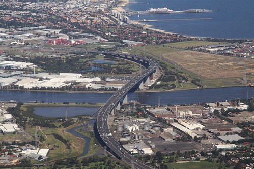 Looking over the West Gate Bridge and Yarra River towards Port Melbourne