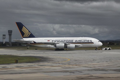 Singapore Airlines A380 9V-SKD gets pushed back from the terminal