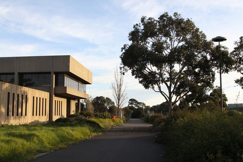 Looking down the abandoned West Gate Bridge administration building