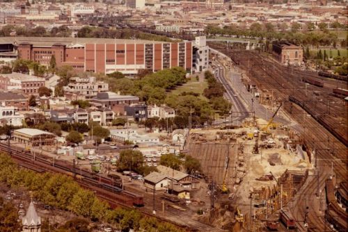 Construction of the Melbourne Underground Rail Loop's Jolimont access tunnel, as viewed from the Reserve Bank building on 6 October 1972 (Public Record Office Victoria)