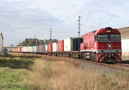 'The Ghan' liveried NR109 on the up at Brooklyn