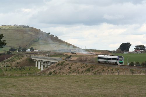 VLocity Melbourne bound crossing the Moorabool River on the Milbrook deviation on the Ballarat line