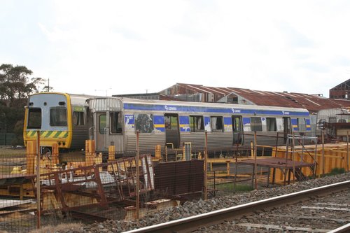 Stored Comeng cars 1109T and 533M at Alstom Ballarat