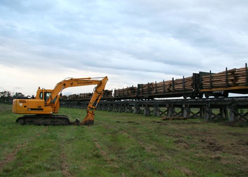 Excavator for work on the Avon River bridge, log flats up top