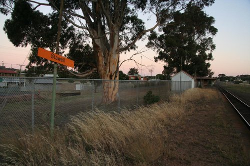 Orange V/Line sign at the down end of the platform, covered with grass