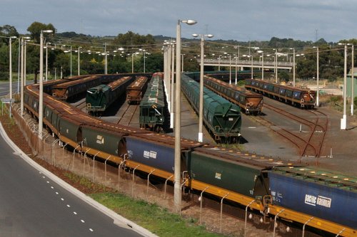 Stored grain wagons in the yard at Portland