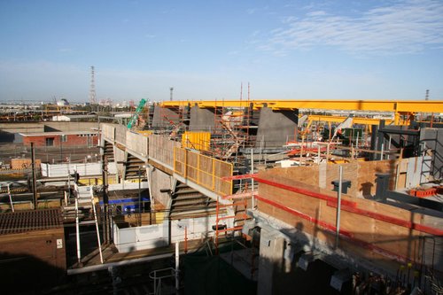 Concourse structure done, yellow bits are tracks for the roof to be slid into place