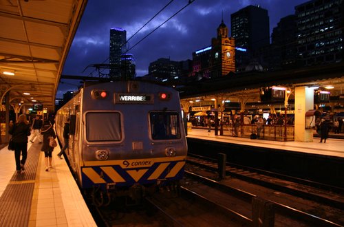 Refurbished Hitachi awaiting departure from Flinders Street Station