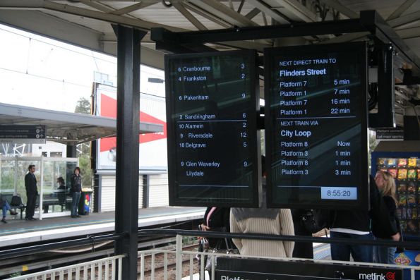 New LCD next train displays above the centre subway at Richmond