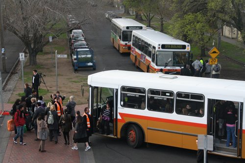 Sita high floor buses run a Connex rail replacement service at Footscray