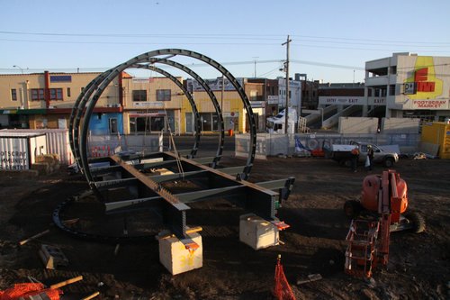 First part of the new footbridge waiting to be lifted into place