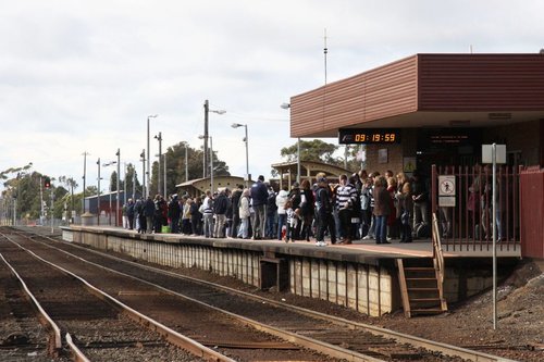 Cats fans wait for a delayed train at South Geelong