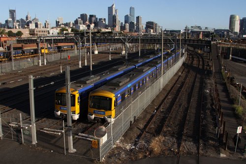 Pair of Siemens with Metro stickers stabled at Melbourne Yard