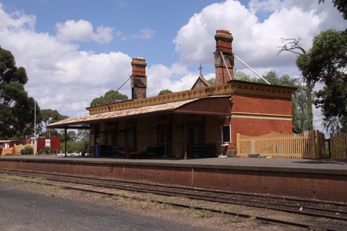 Burnt out station building at Maldon propped up until rebuilding can start