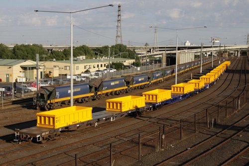 CFCLA flat wagons at Melbourne Yard arrivals, fitted with new spoil containers for MTM suburban works trains