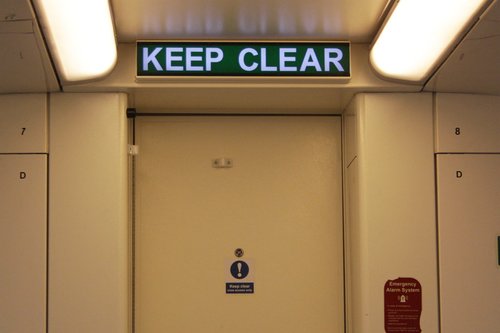 Illuminated 'keep clear' sign behind the cab of 3VL37